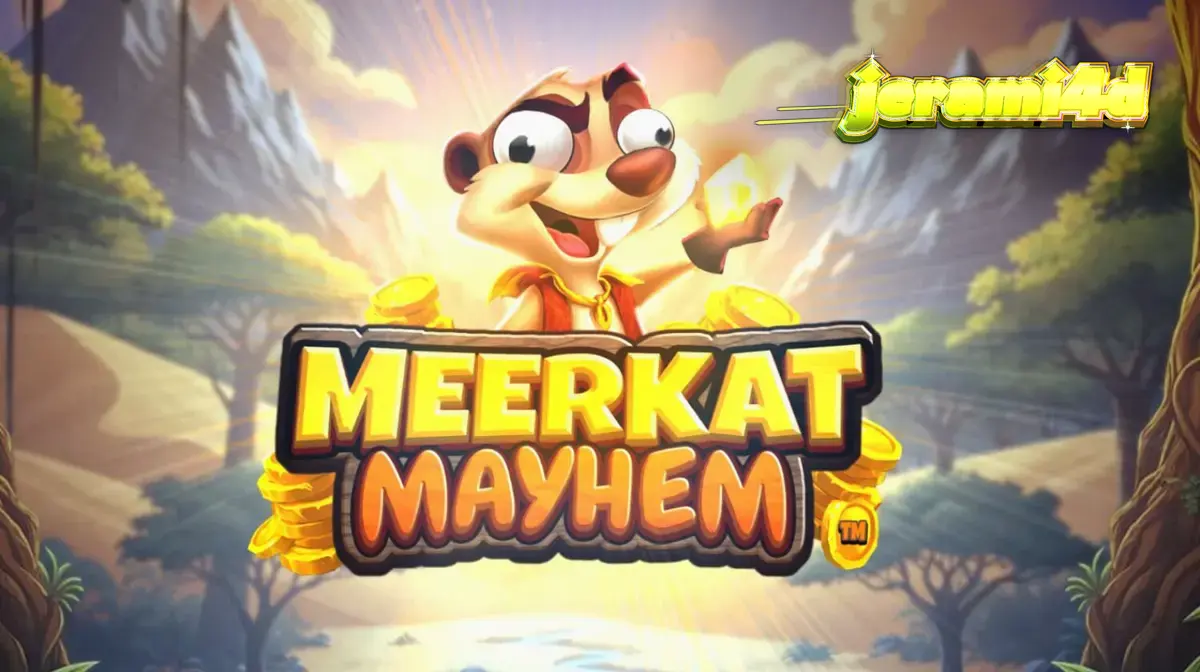 Tampilan visual slot Meerkat Mayhem dengan latar belakang gurun dan karakter meerkat.